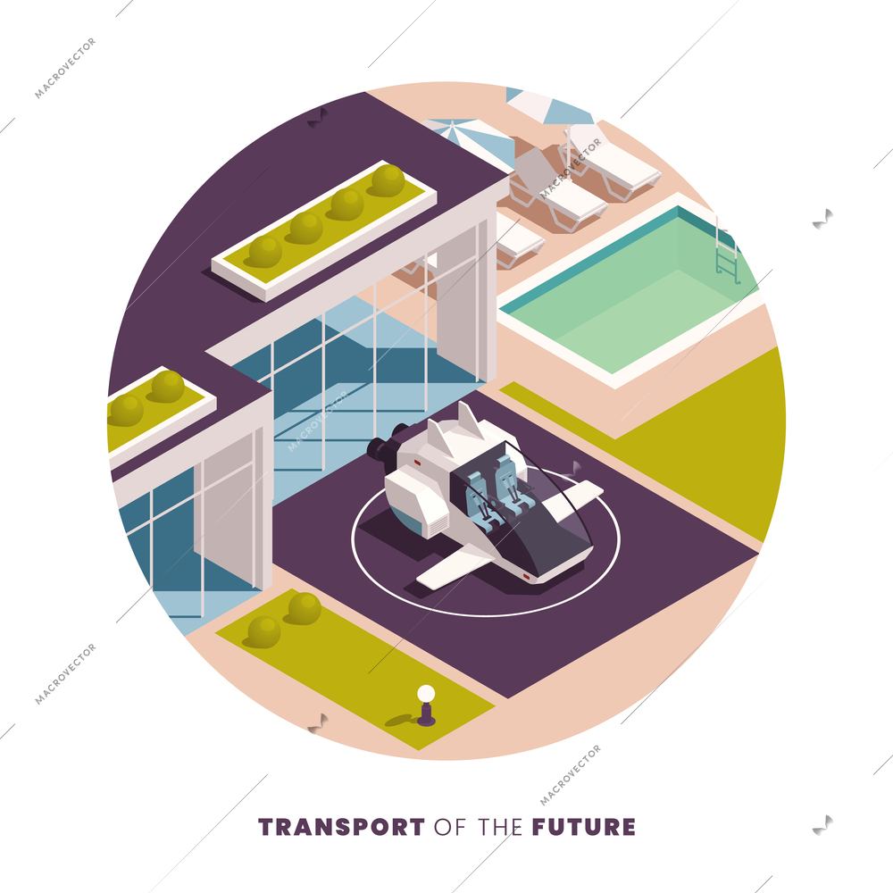 Future transport concept with private airplane in front of modern building vector illustration