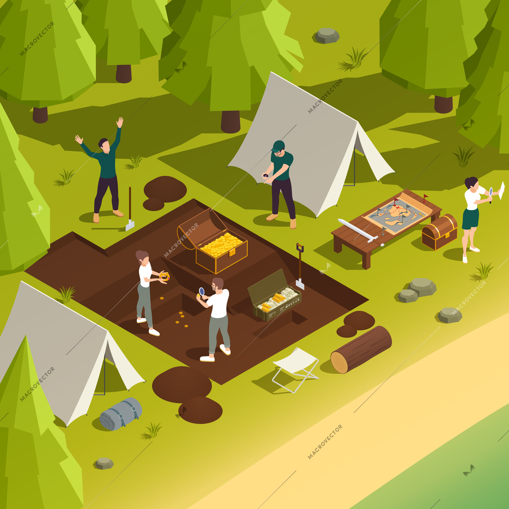 Treasure hunt isometric concept with people searching for coing chest in forest vector illustration