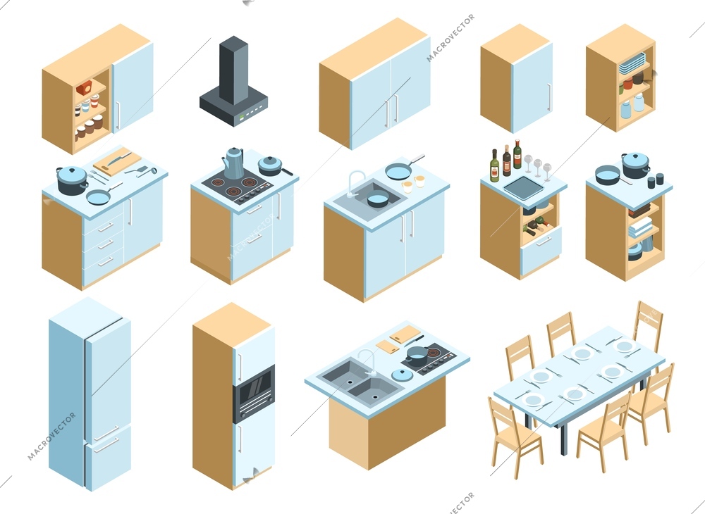 Isometric kitchen interior set with isolated icons of range fridges tableware cabinets and tables with chairs vector illustration