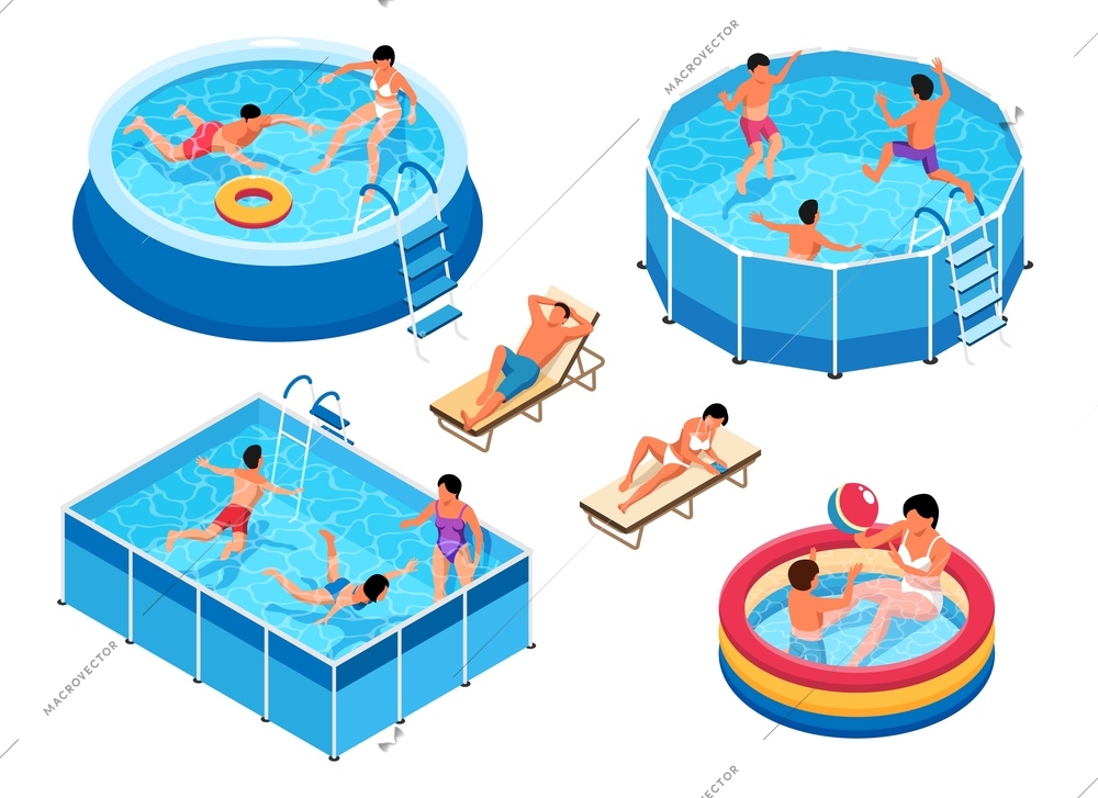 Isometric swimming pool set of isolated icons with views of inflatable and portable pools with people vector illustration