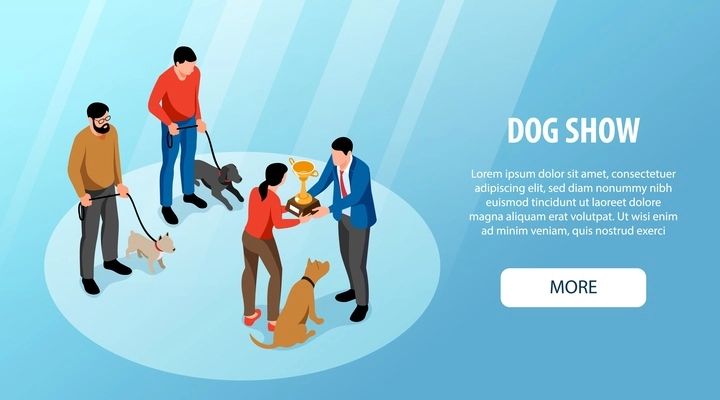 Isometric dog show horizontal banner with editable text more button and host giving cup to master vector illustration