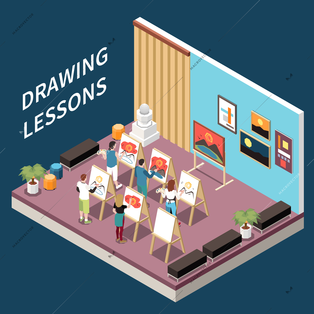 Art school drawing lessons isometric composition with students painting on canvas in studio 3d vector illustration