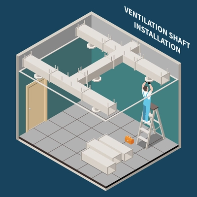 Air conditioning composition with maintenance worker installing ventilation shaft 3d vector illustration