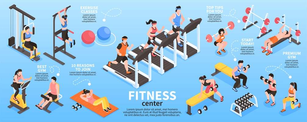 Isometric gym fitness center infographics with people doing sport training indoors vector illustration