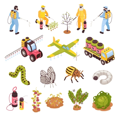 Isometric farming and argiculture pest control icons set isolated vector illustration