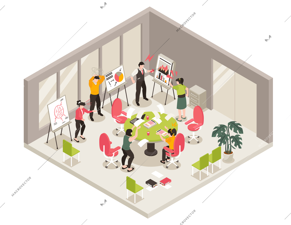 Isometric team conflict concept with office people during stressful negotiation vector illustration