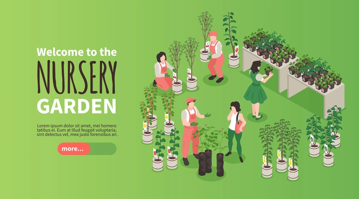 Isometric nursery garden banner with people choosing plants in store vector illustration