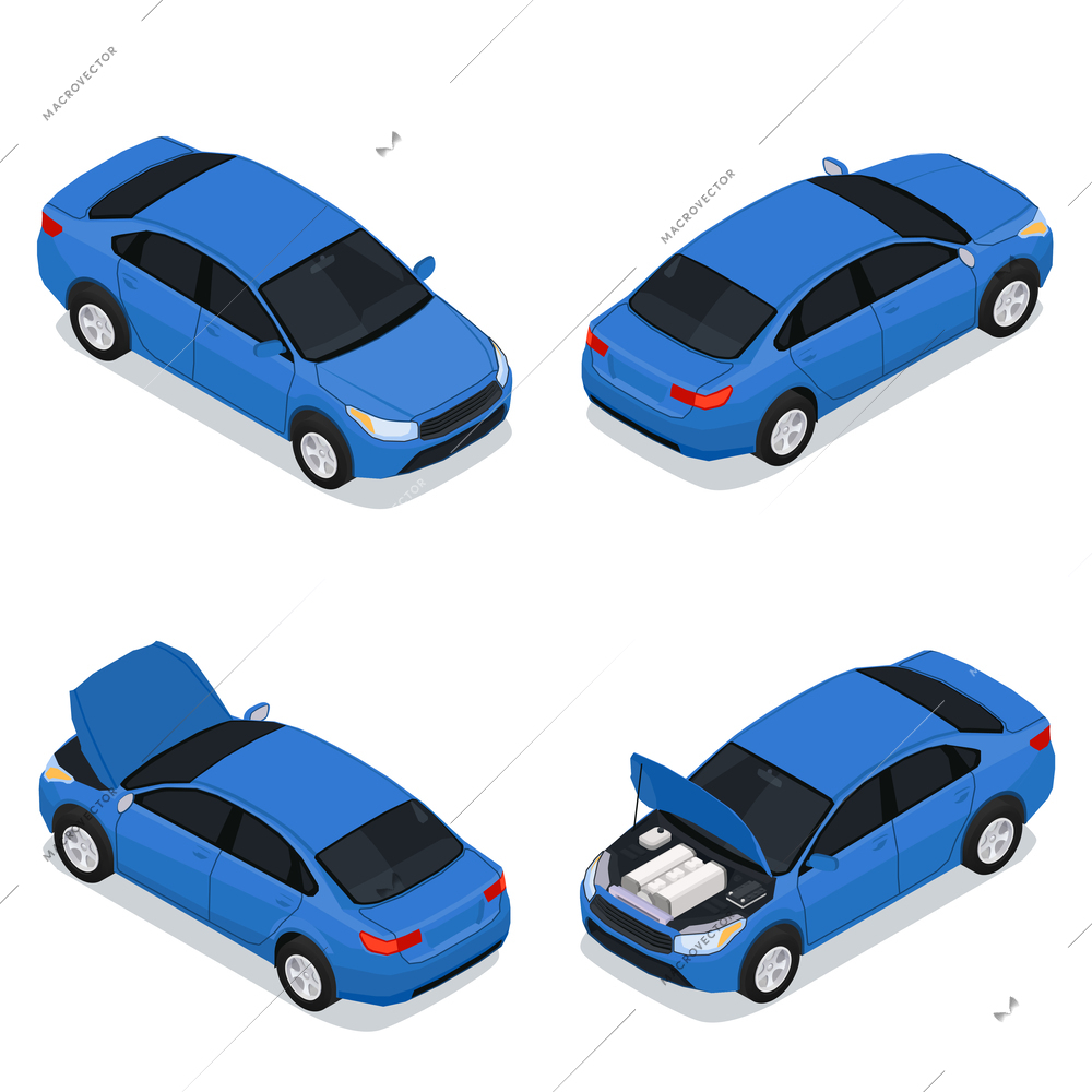 Car service 2x2 isometric icons set of four blue passenger automobiles with open hood isolated on white background vector illustration