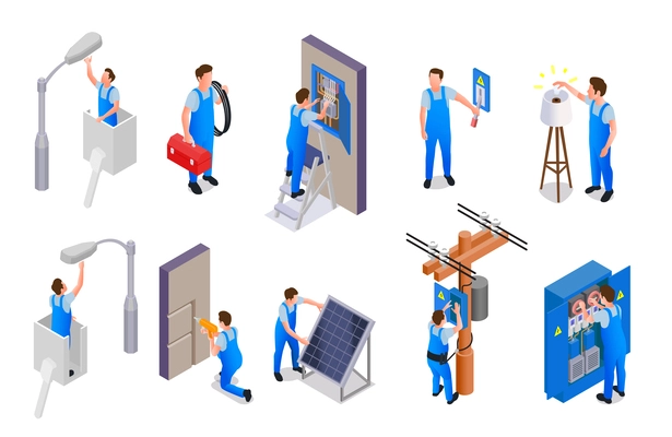 Electrician isometric set of professionals working with solar panels high voltage equipment performing installation electrical works isolated vector illustration