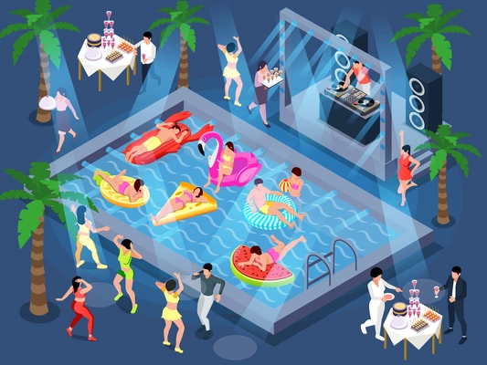 People pool party isometric composition with view of festive people on inflatable rings dancing drinking cocktails vector illustration