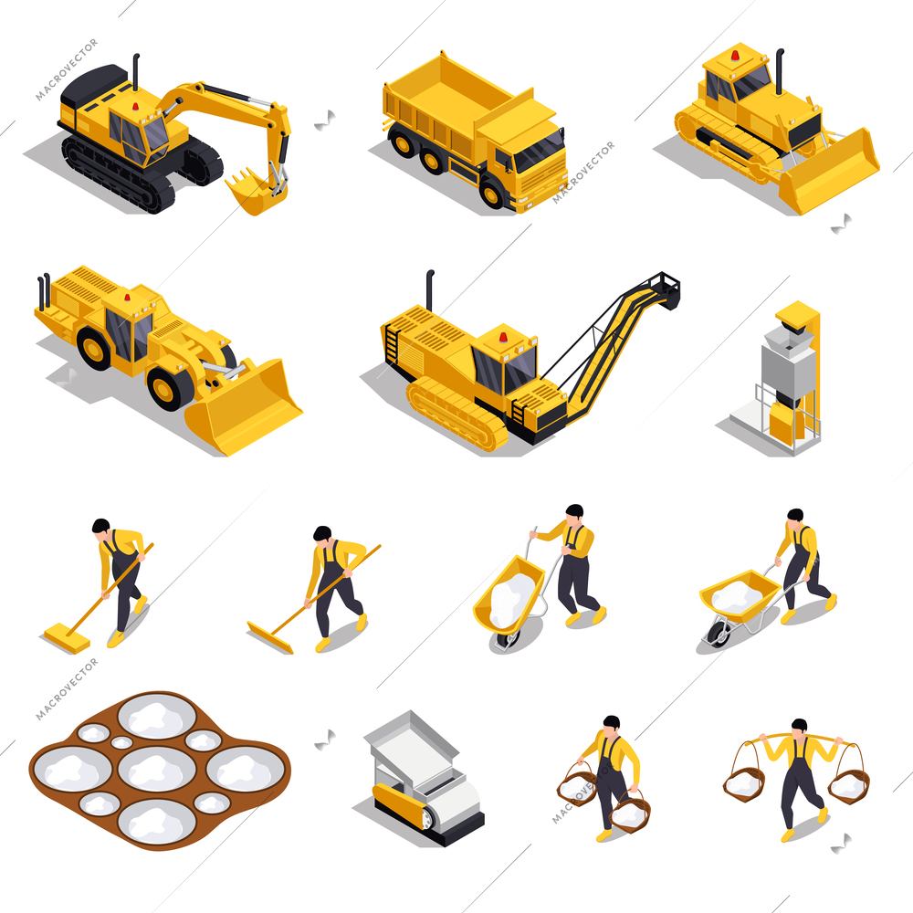 Salt production isometric set with isolated icons of industrial facilities workers with machinery and yellow vehicles vector illustration