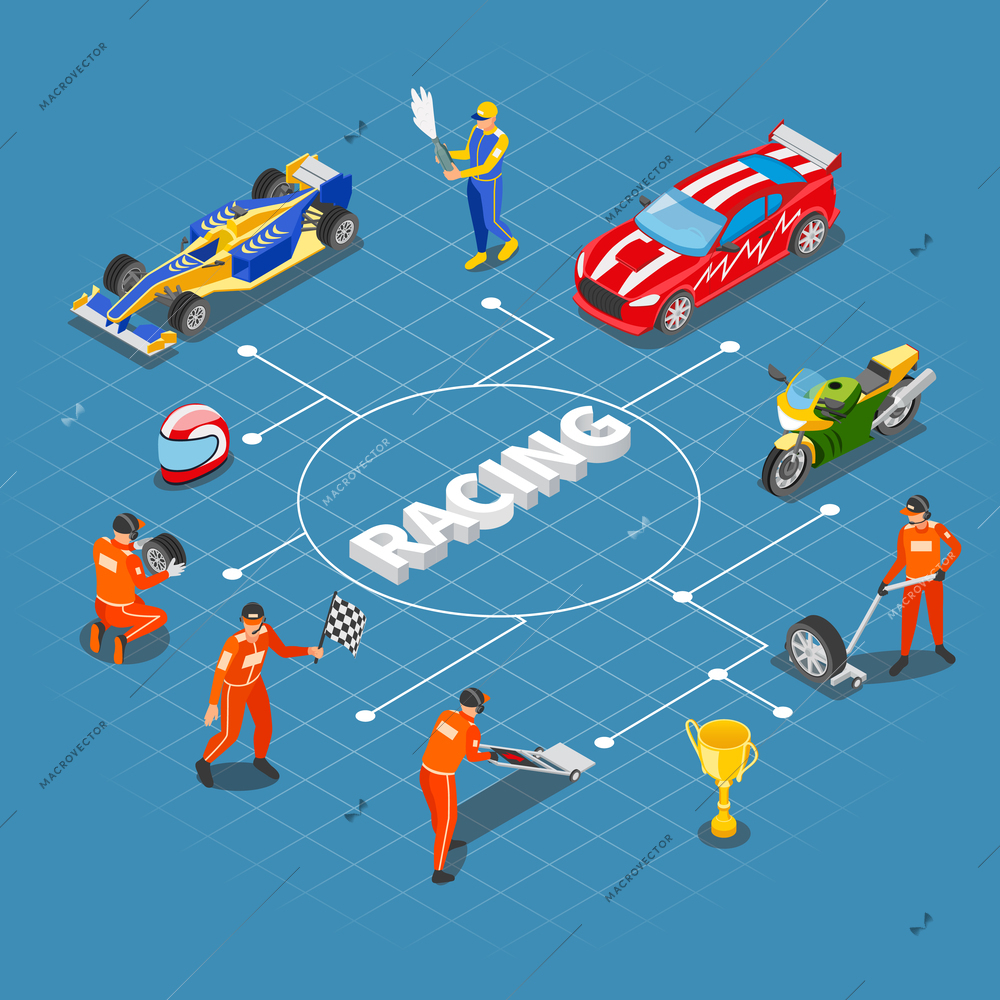 Racing isometric flowchart composition with 3d text surrounded by characters of drivers technicians cars and awards vector illustration
