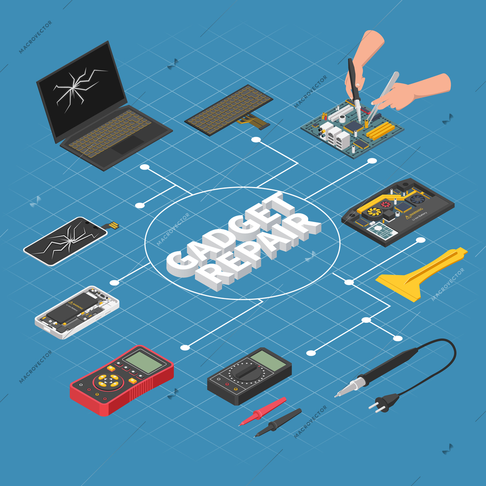 Computer smartphone testing repairing isometric flowchart composition with text and isolated icons of tools and electronics vector illustration