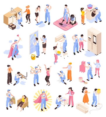 Isometric husband for an hour icons set with handymen repairing broken household isolated vector illustration