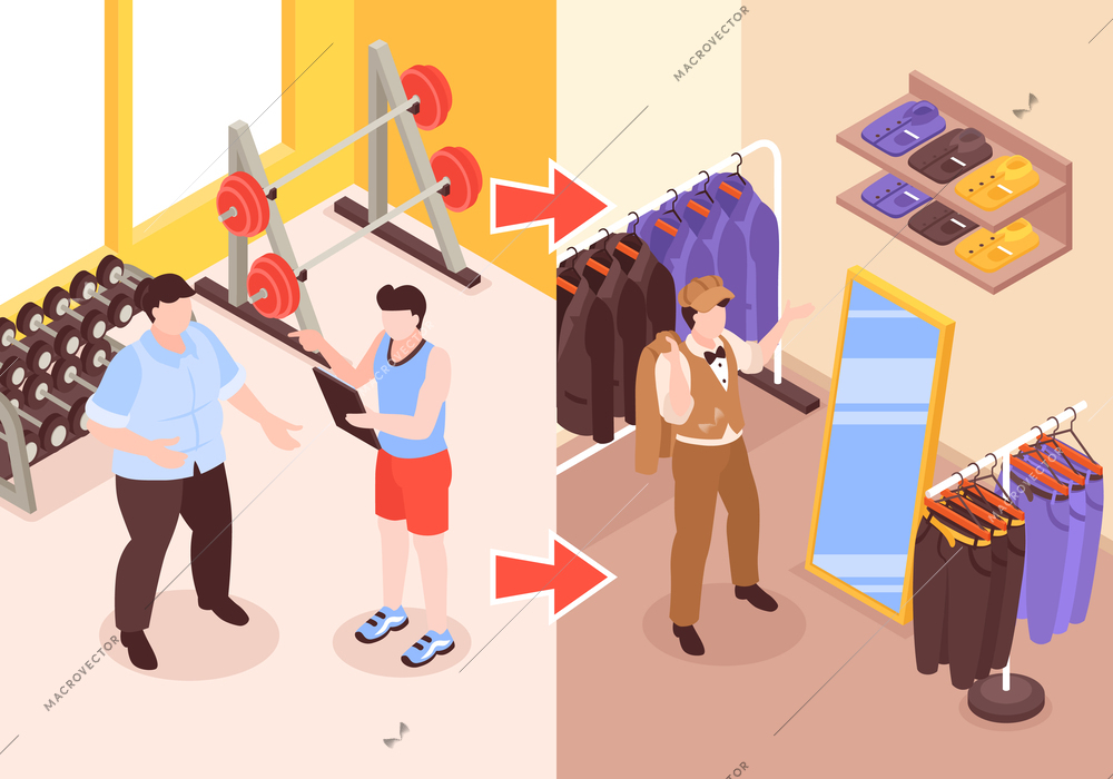 Isometric transformation concept with man before and after weight loss vector illustration