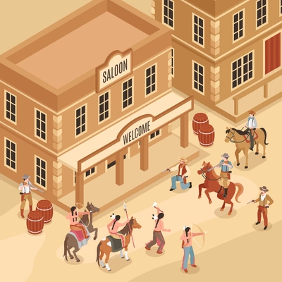 Isometric wild west scene with native americans against cowboys in front of saloon building vector illustration