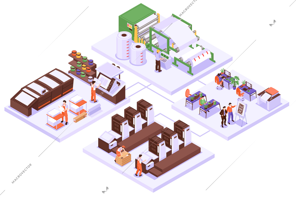 Isometric publishing house working with book printing process vector illustration