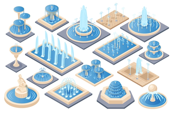 Isometric fountain set with outdoor park cascades isolated vector illustration