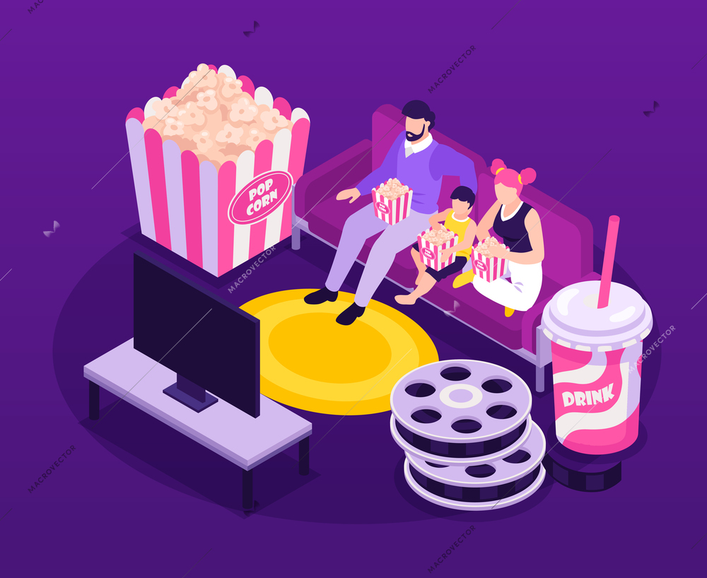 Isometric home cinema concept with people watching movies on sofa with popcorn vector illustration