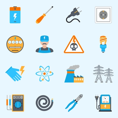 Electricity icons set with voltmeter wire screwdriver electrician warning sign isolated vector illustration