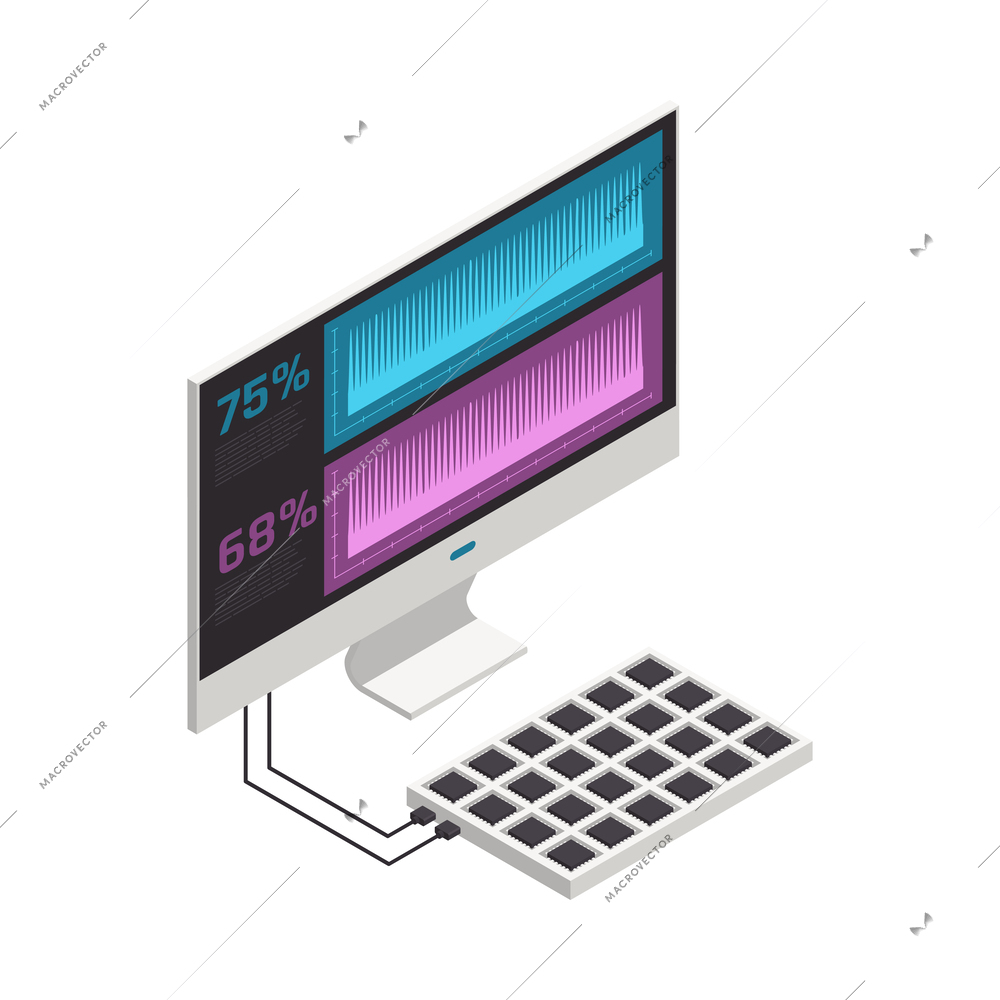 Semiconductor chip production isometric icons composition with isolated hi-tech facility image vector illustration