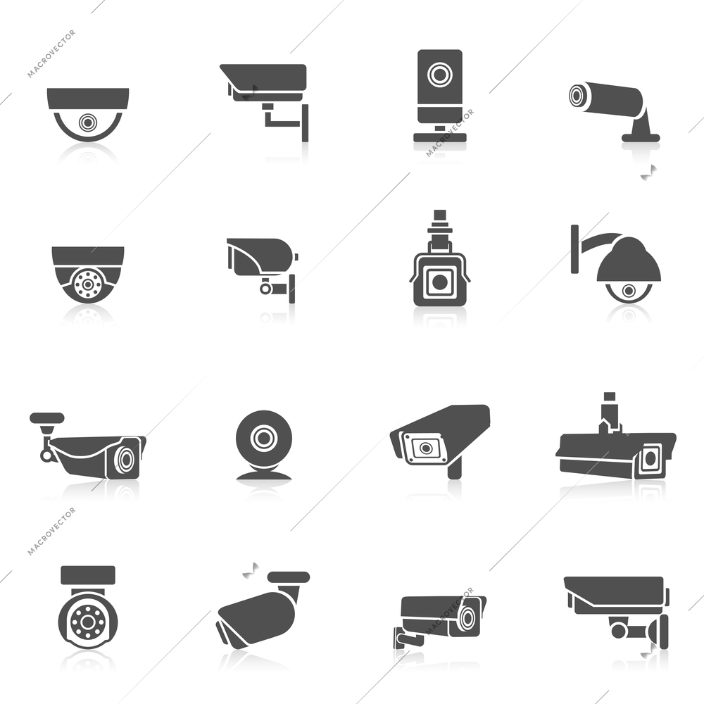 Security camera private safety security control electronic black icons set isolated vector illustration