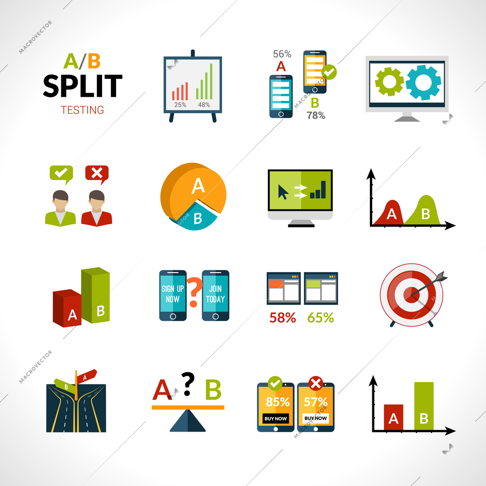 A-b testing seo sample comparison research icons set isolated vector illustration