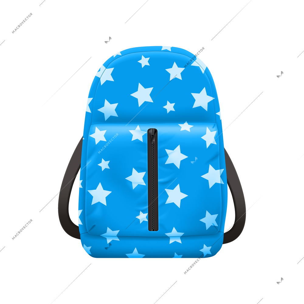 Realistic school backpack composition with isolated front view image of college bag for stationery books vector illustration