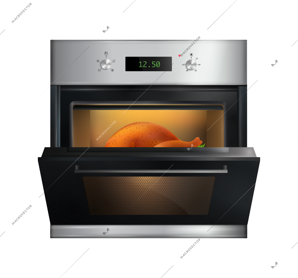 Realistic kitchen oven composition with isolated front view of modern conventional oven on blank background vector illustration