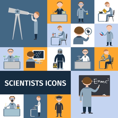 Scientists character icon set with mathematician explorer chemist physicist avatars isolated vector illustration