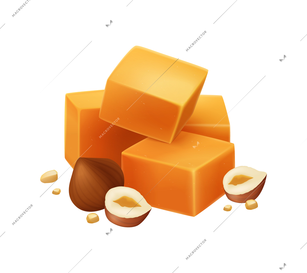 Realistic caramel chocolate nut composition with detailed images of sweets on blank background vector illustration