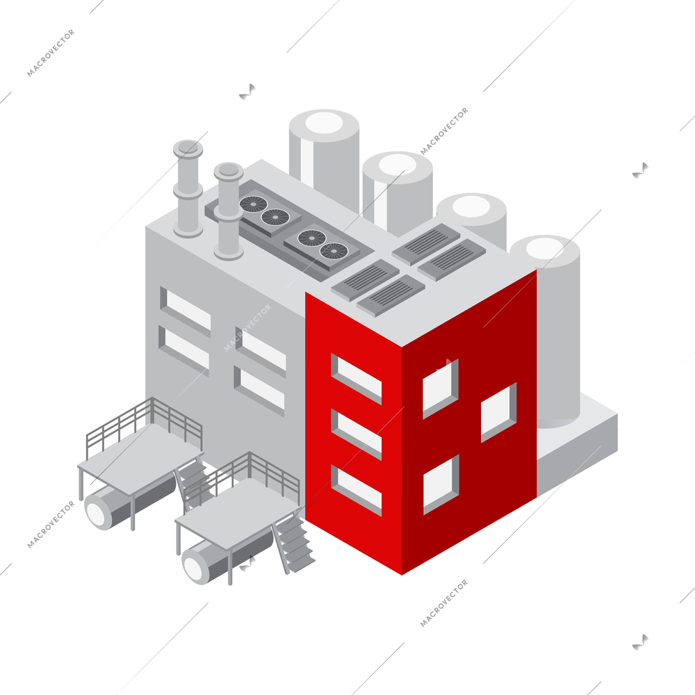 Isometric industrial buildings composition with isolated images of plant facilities factory architectural forms vector illustration