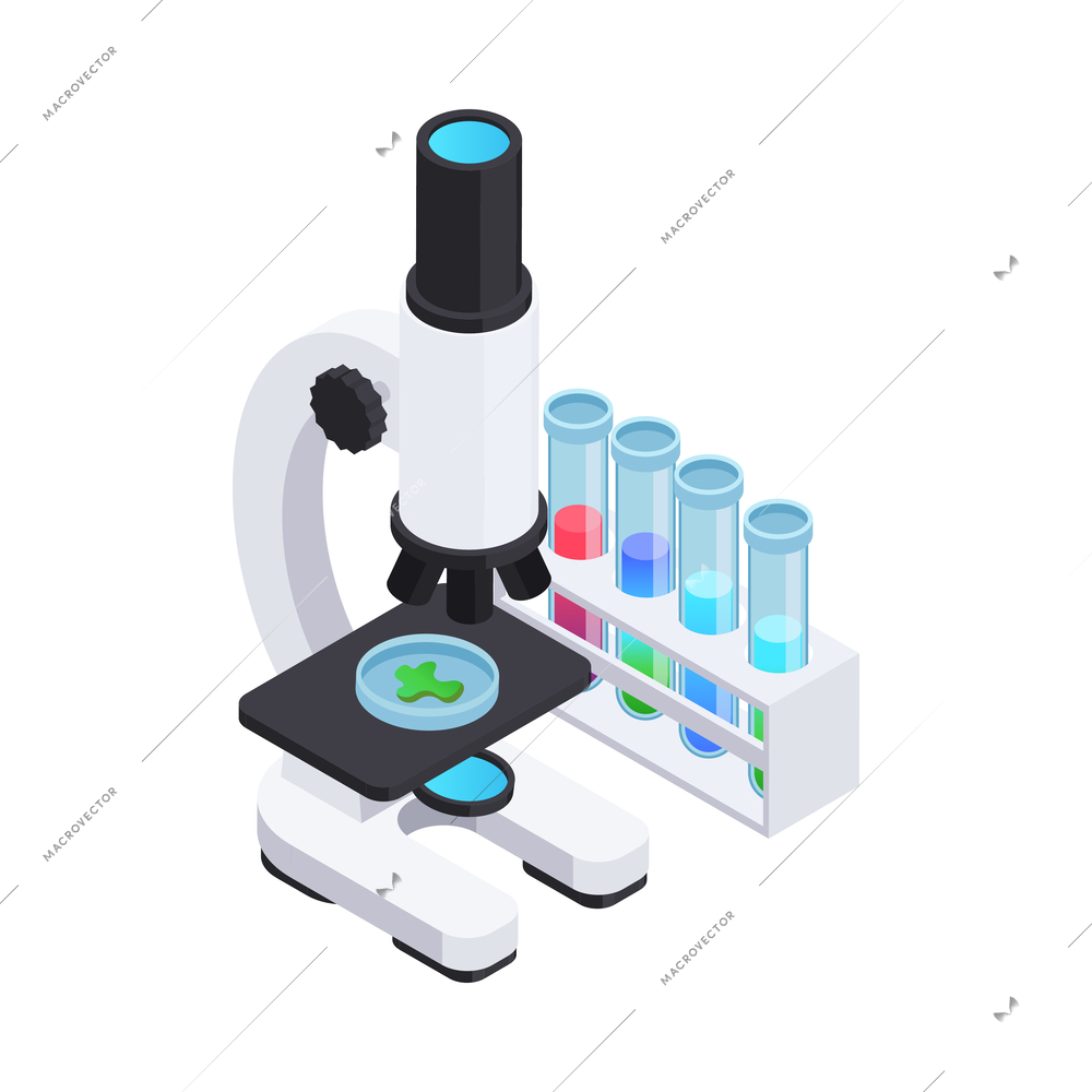 Microbiology isometric composition of laboratory equipment for scientific experiments magnified bacteria and virus vector illustration