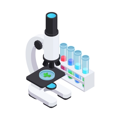 Microbiology isometric composition of laboratory equipment for scientific experiments magnified bacteria and virus vector illustration