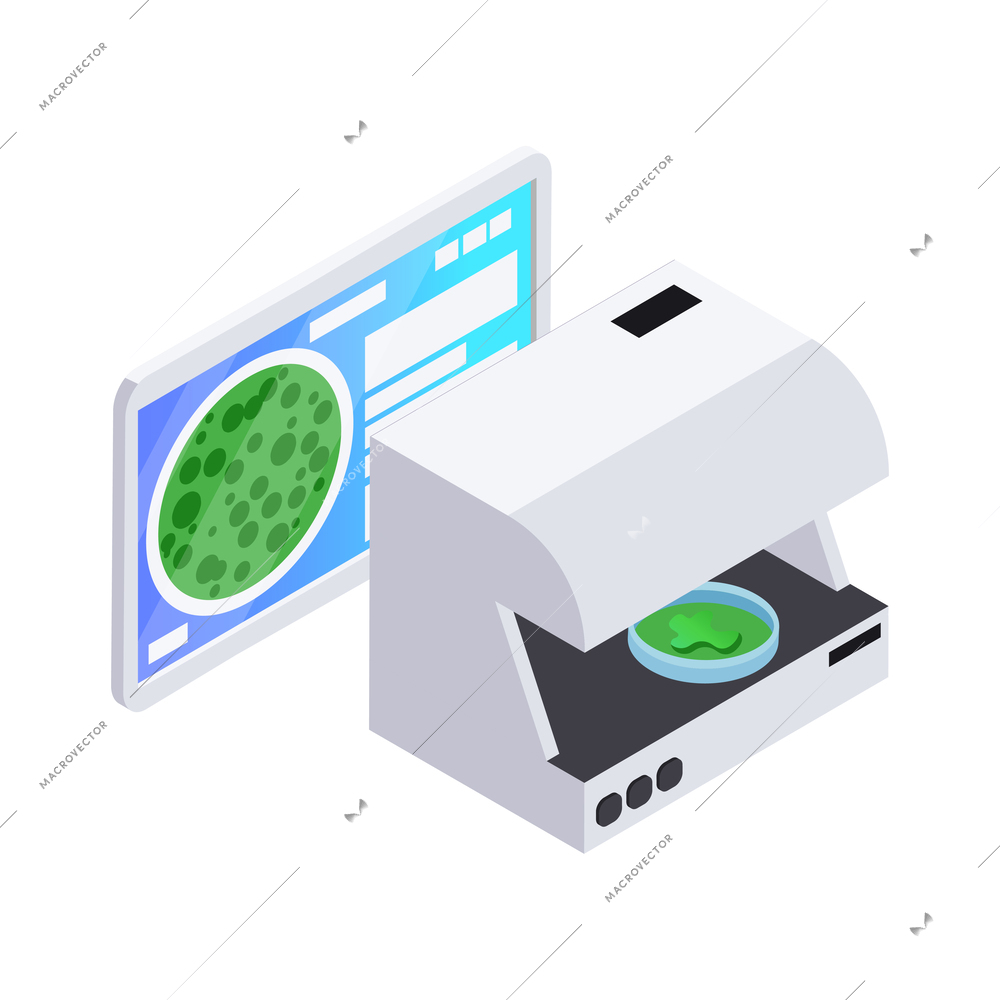 Microbiology isometric composition of laboratory equipment for scientific experiments magnified bacteria and virus vector illustration