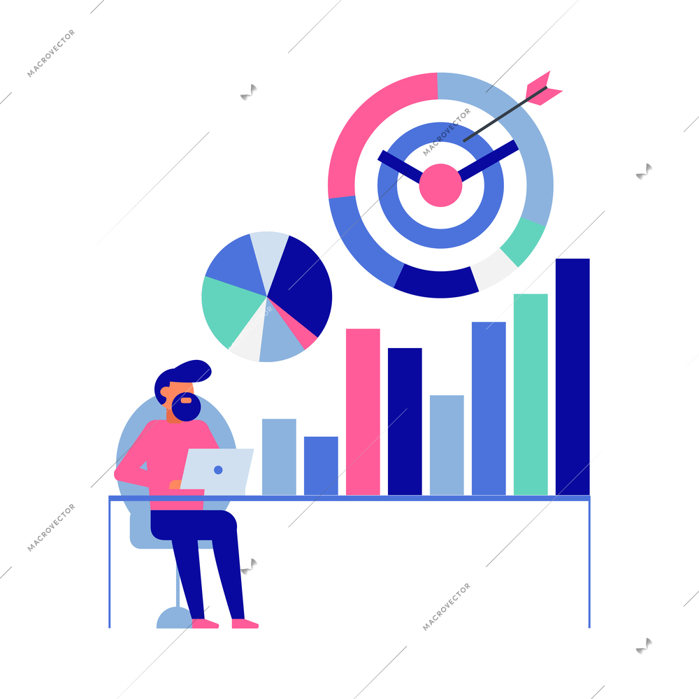 Data analytics diagrams graphic results presentation analysis tools techniques decision making flat composition vector illustration