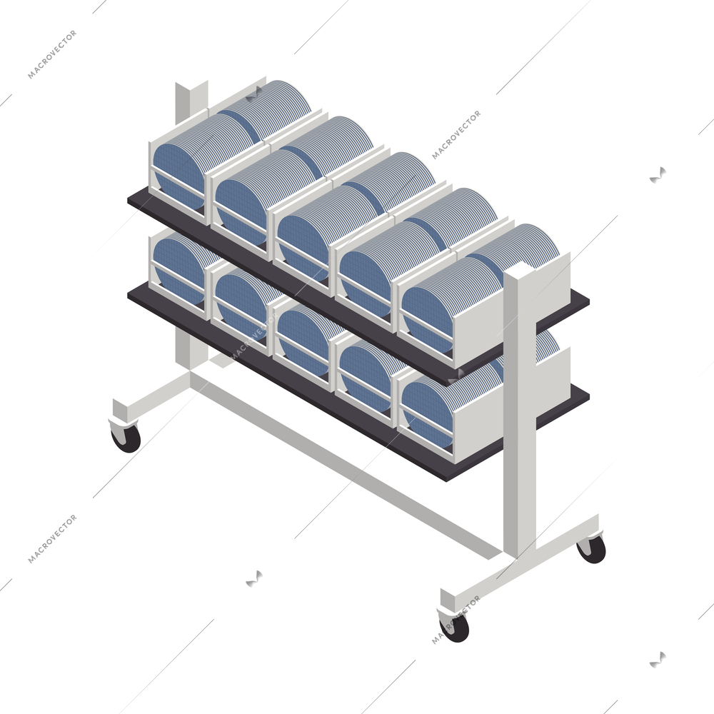 Semiconductor chip production isometric icons composition with isolated hi-tech facility image vector illustration