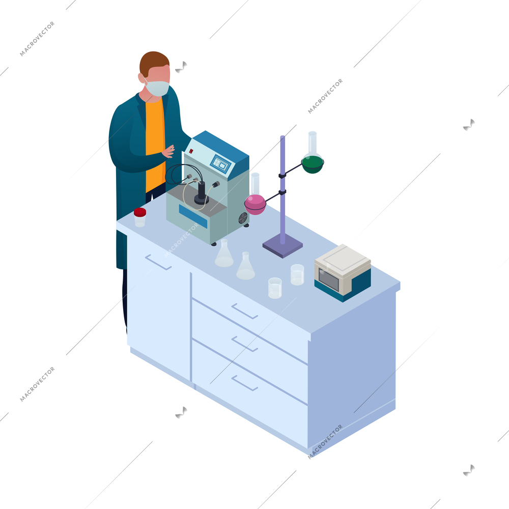 Chemical laboratory composition of isometric icons with scientists research equipment and furniture isolated vector illustration
