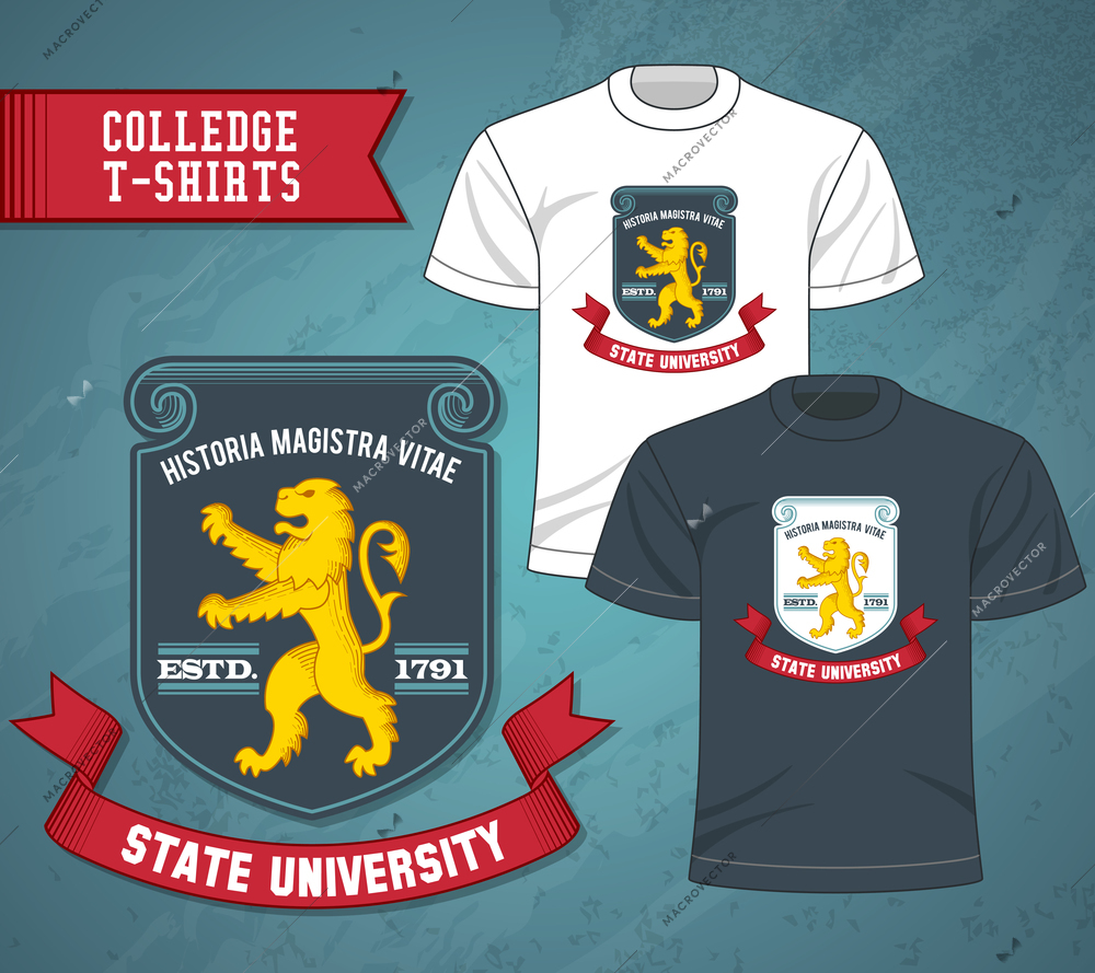 T-shirts decorative icons set with college university golden lion labels vector illustration