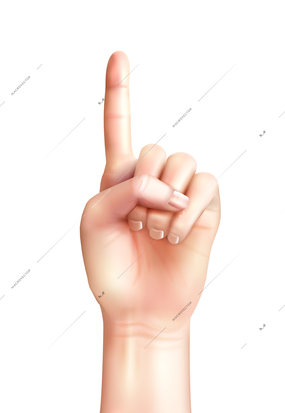 Realistic composition with human hand counting gesture isolated on blank background vector illustration