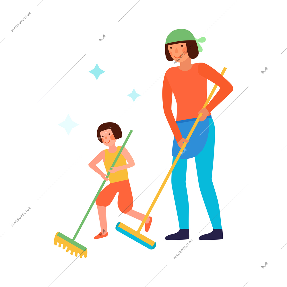 Cleaning kids helping parents composition with view of home cleanup with adult and child doodle characters vector illustration