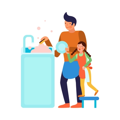 Cleaning kids helping parents composition with view of home cleanup with adult and child doodle characters vector illustration