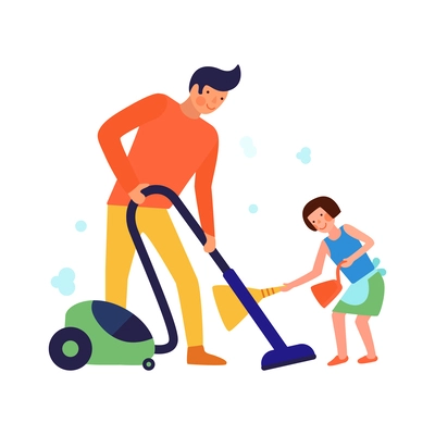 Cleaning kids helping parents composition with view of home cleanup with adult and child doodle characters vector illustration