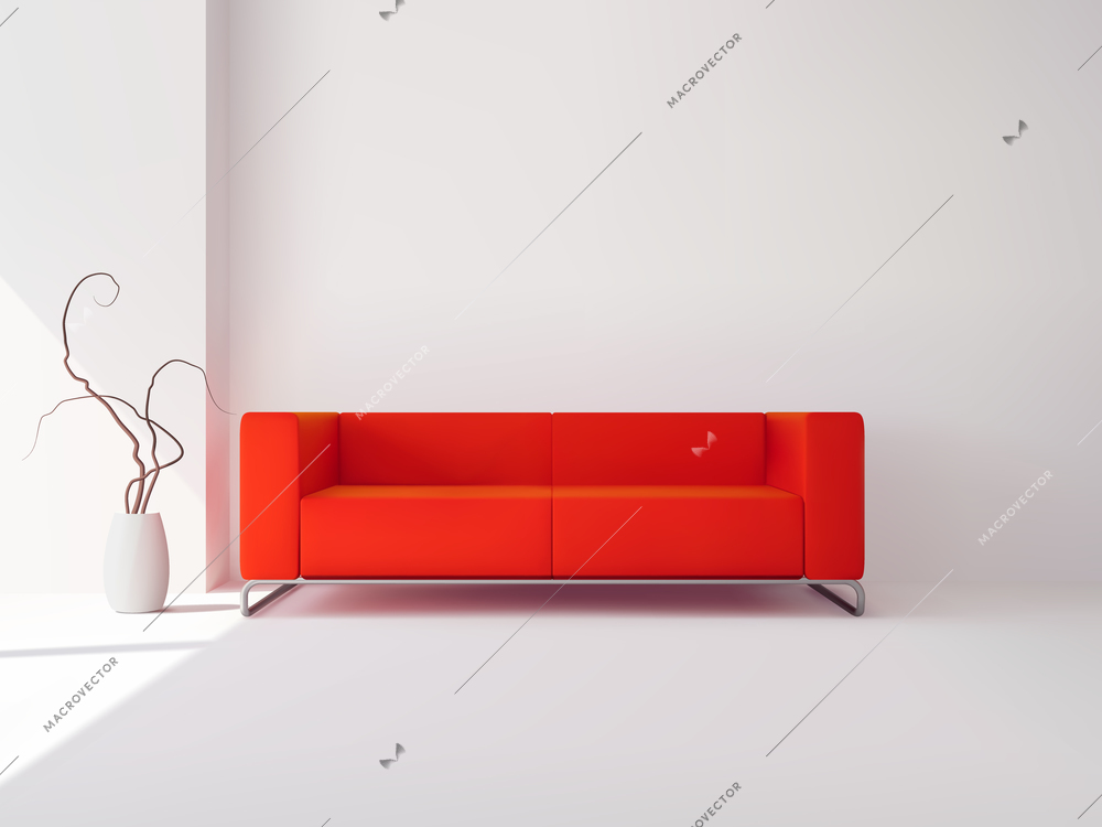 Realistic luxury apartment living room interior with red sofa and vase vector illustration