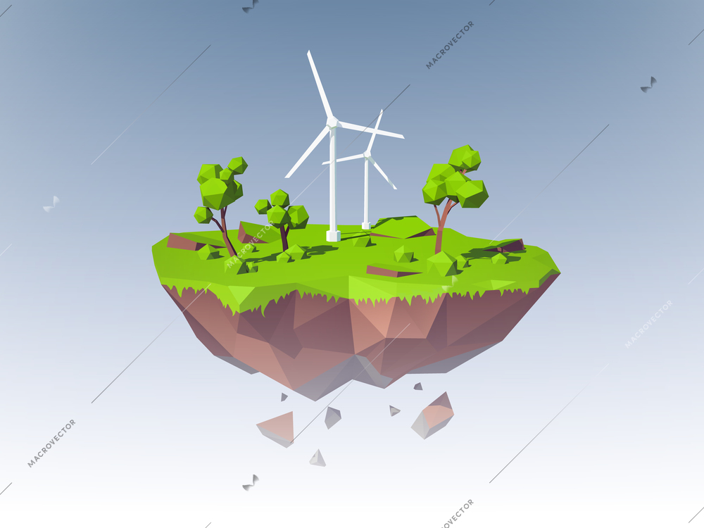 Ecology concept with low poly island with windmills trees and grass vector illustration