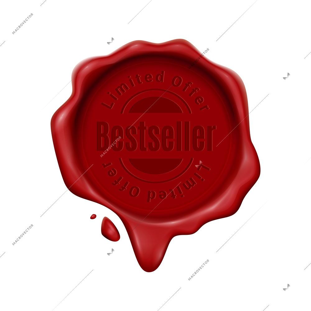 Wax stamp product ad composition with isolated red wafer on blank background with silhouette text vector illustration