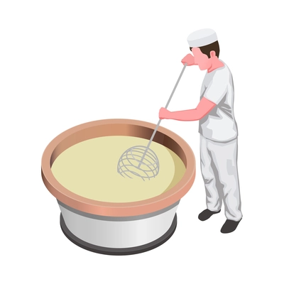Cheese production isometric composition with factory equipment and worker isolated vector illustration