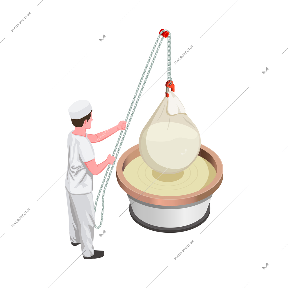 Cheese production isometric composition with factory equipment and worker isolated vector illustration