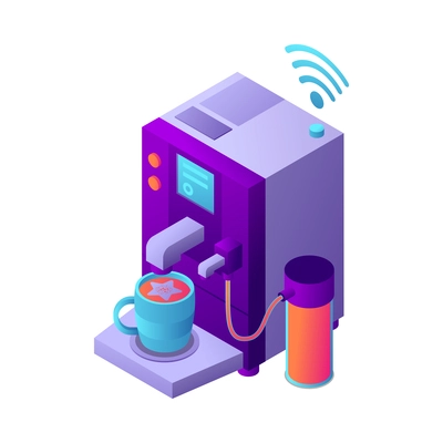 Iot business office isometric composition with neon colored glowing icon of futuristic device on blank background vector illustration