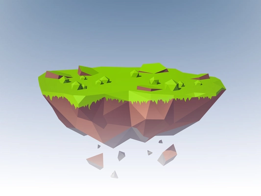 Polygonal flying island fantasy planet landscape emblem vector illustration